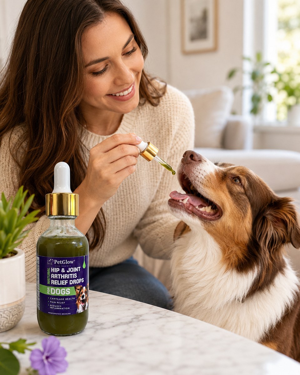 Pet parent giving PetGlow Hip & Joint drops to a happy Australian Shepherd