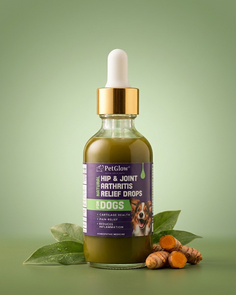 Hip & Joint drops with turmeric root and green leaves — cartilage, pain, inflammation