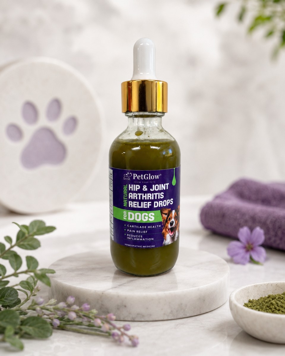 PetGlow Hip & Joint Drops bottle on marble podium with botanicals
