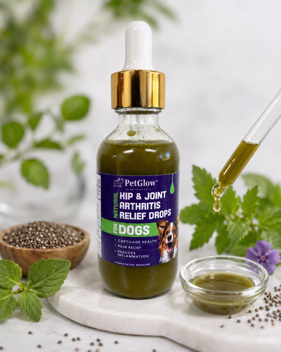 Golden herbal drop from the dropper of PetGlow Hip & Joint bottle beside chia and mint