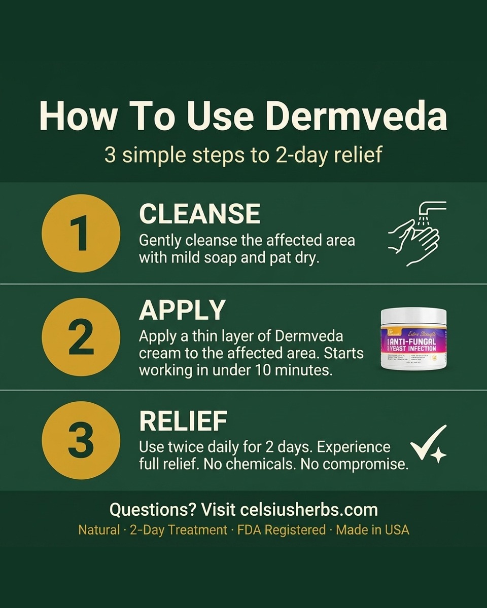How to use Dermveda yeast infection cream in 3 steps — cleanse the affected area, apply a thin layer, then use twice daily for 2 days of relief