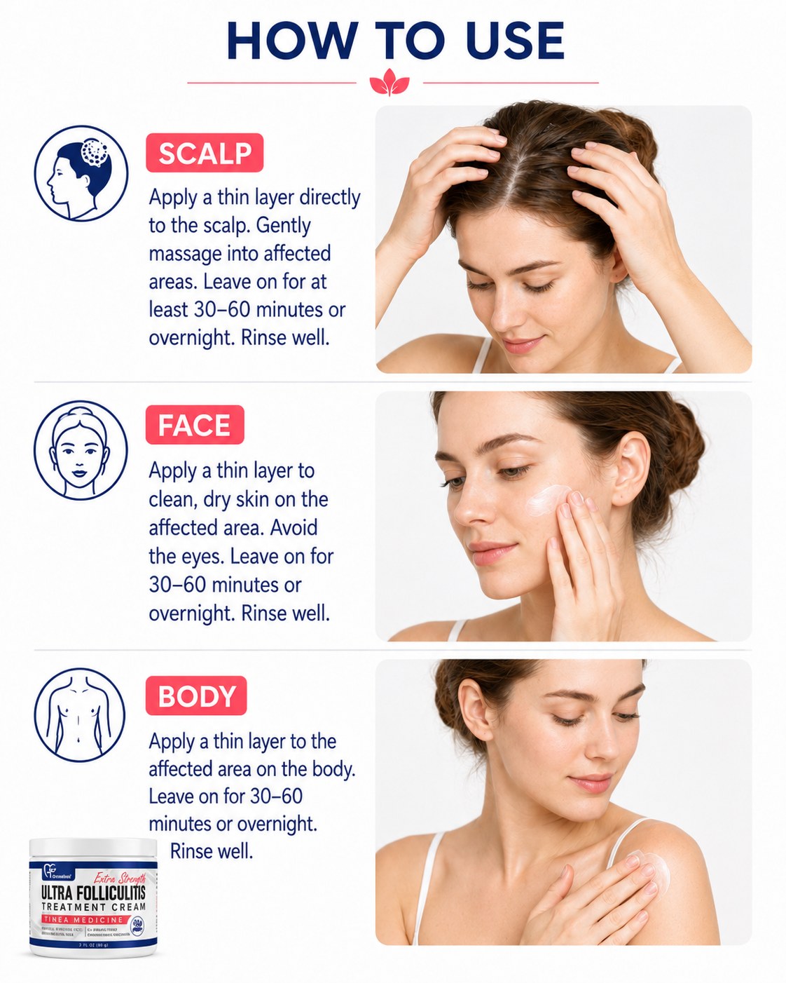 How to use Dermveda folliculitis treatment cream — cleanse, apply a thin layer twice daily to scalp, face or body