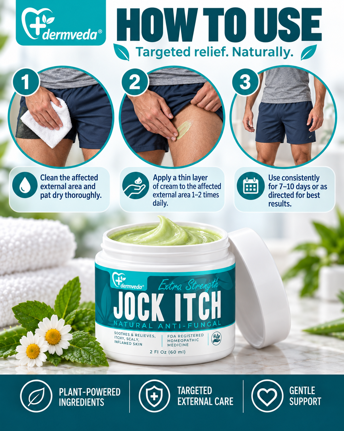 How to use jock itch cream — clean and dry, apply a thin layer 1–2 times daily, use consistently 7–10 days