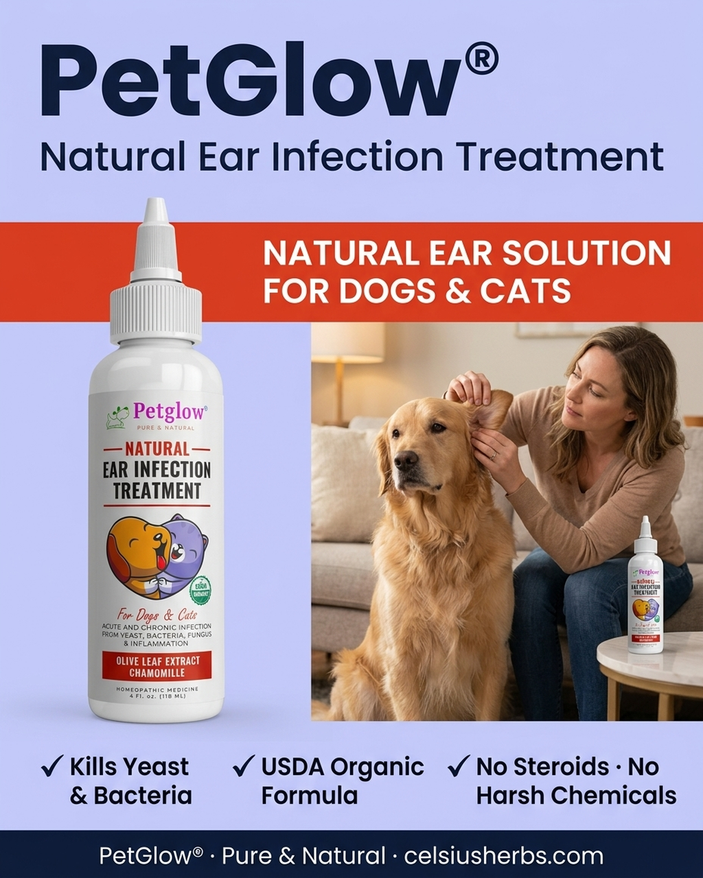 Advanced natural ear relief — 100% natural formula that kills yeast, bacteria and fungus