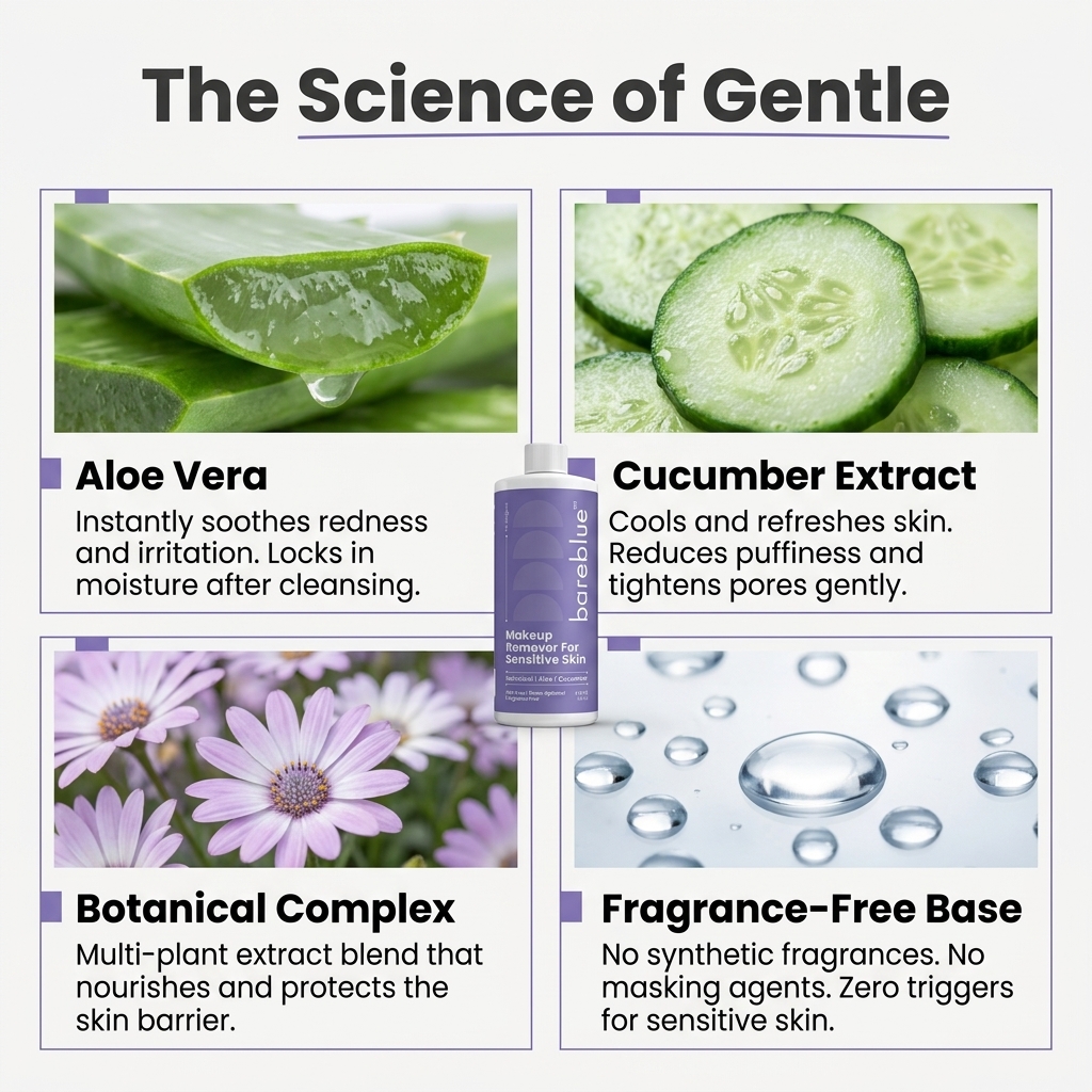 Aloe vera and cucumber ingredients in Bareblue makeup remover for sensitive skin