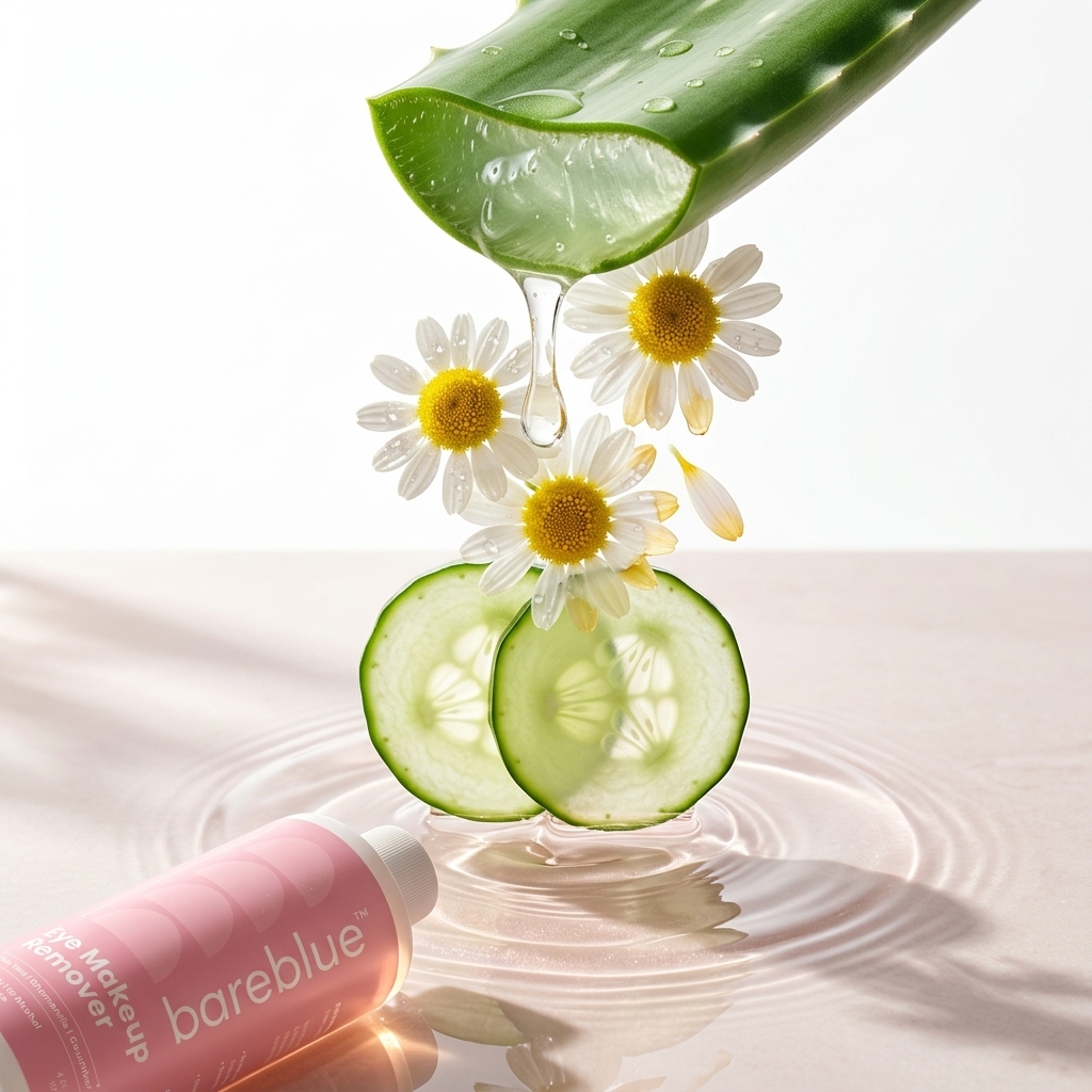 Aloe vera, chamomile and cucumber featured in Bareblue natural oil-free eye makeup remover