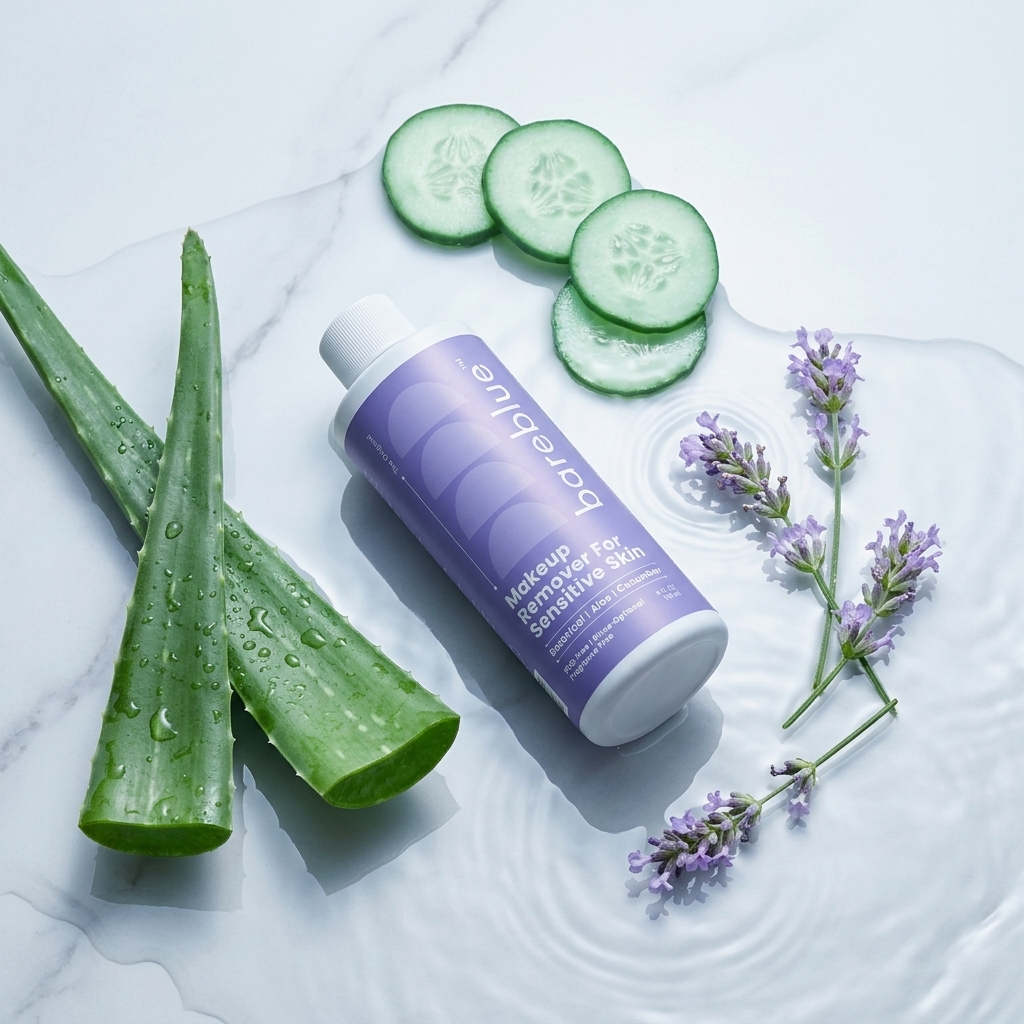 Bareblue Makeup Remover for Sensitive Skin bottle with aloe vera, cucumber and lavender botanical ingredients on marble