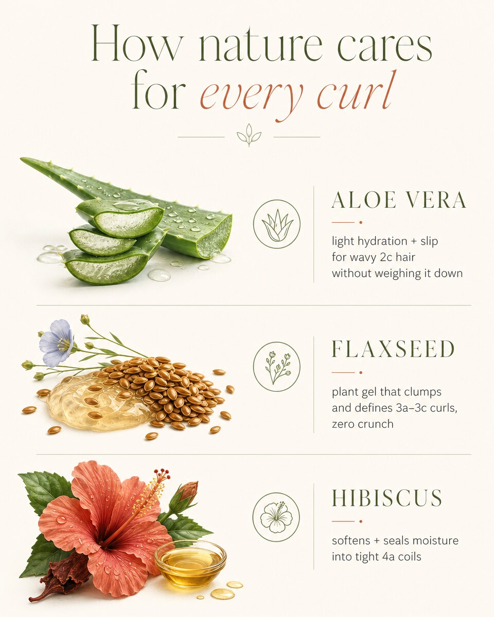 Aloe vera for wavy 2c hair, flaxseed gel defines 3a to 3c curls, hibiscus softens tight 4a coils