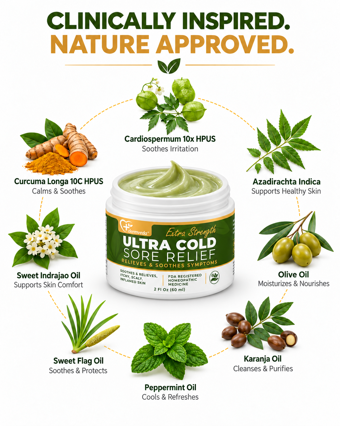 Cold sore cream ingredients — Cardiospermum, Curcuma Longa, Neem, Olive, Karanja, Peppermint, Sweet Flag, Sweet Indrajao