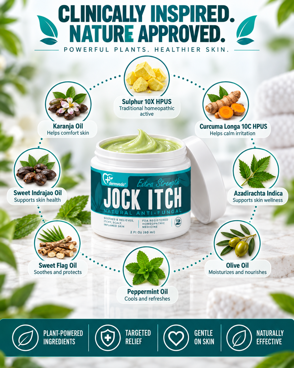 Jock itch cream ingredients — sulphur 10X, curcuma longa, azadirachta indica, olive, peppermint, sweet flag, sweet indrajao and karanja oils