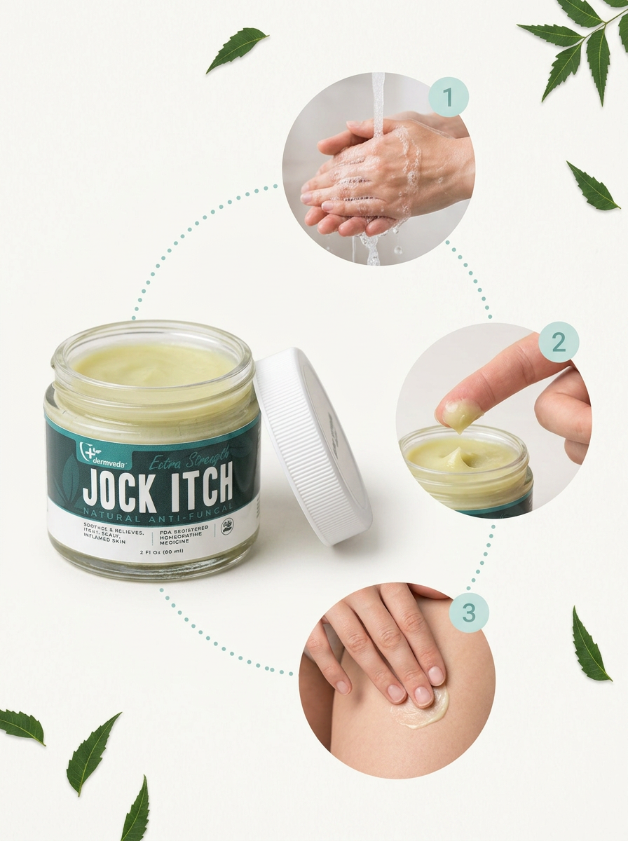 How to apply Dermveda Jock Itch Cream — wash, scoop, apply twice daily