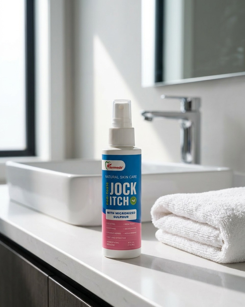 Dermveda Jock Itch spray on a modern bathroom counter — fits a clean daily routine