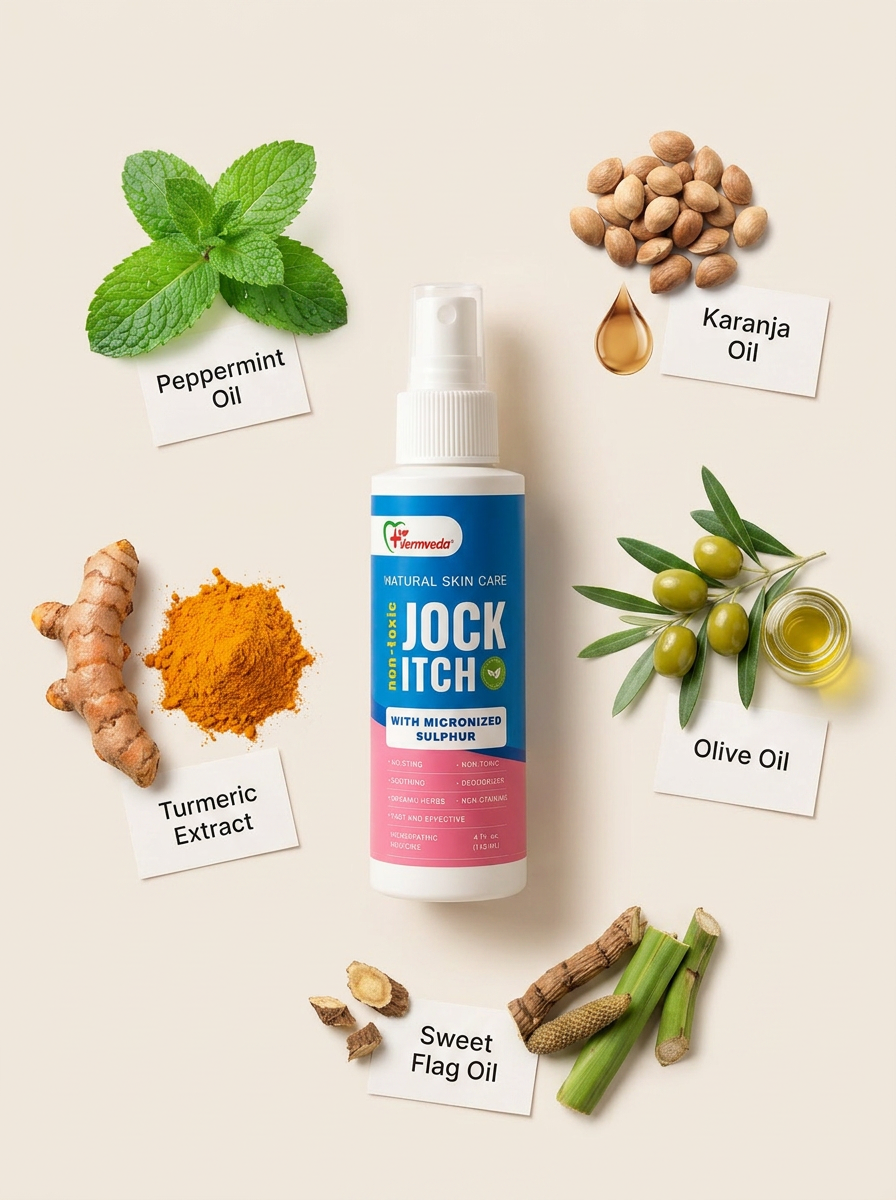 Botanical actives behind Dermveda Jock Itch — peppermint, karanja, turmeric, olive and sweet flag oils