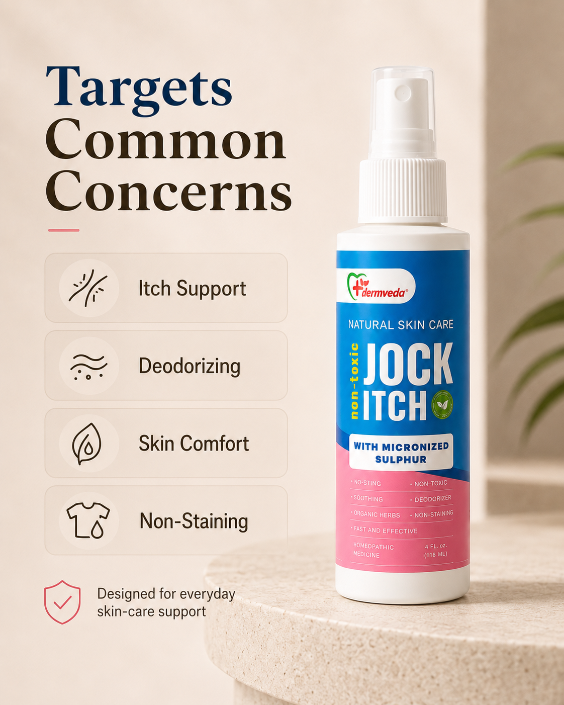 Targets common jock itch concerns — itch support, deodorizing, skin comfort, non-staining