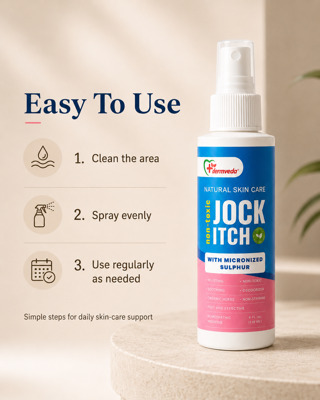 Easy to use — three step jock itch routine: clean, spray, repeat
