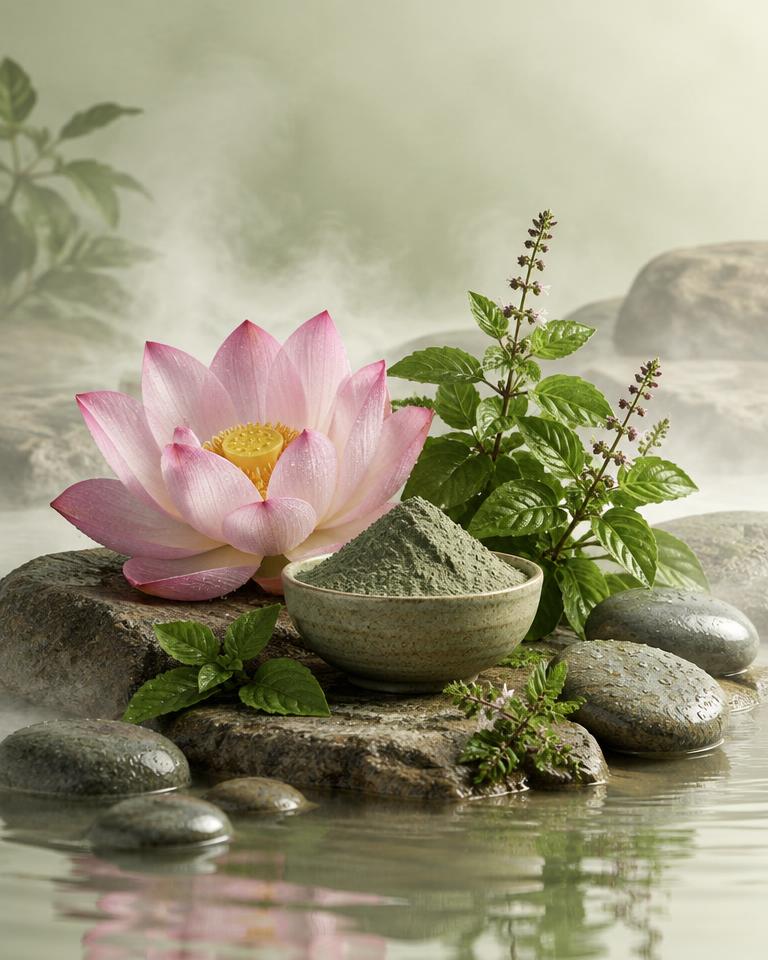 Pink lotus, tulsi basil and green clay beside misty water and river stones — Kapha, earth and water