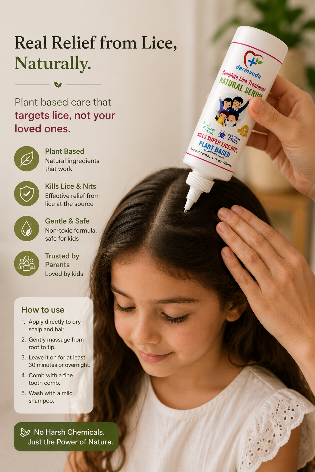 Mom gently applying Dermveda lice serum to a calm child's scalp