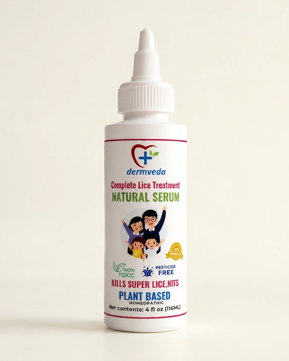 Dermveda Complete Lice Treatment Natural Serum bottle — plant-based, pesticide-free