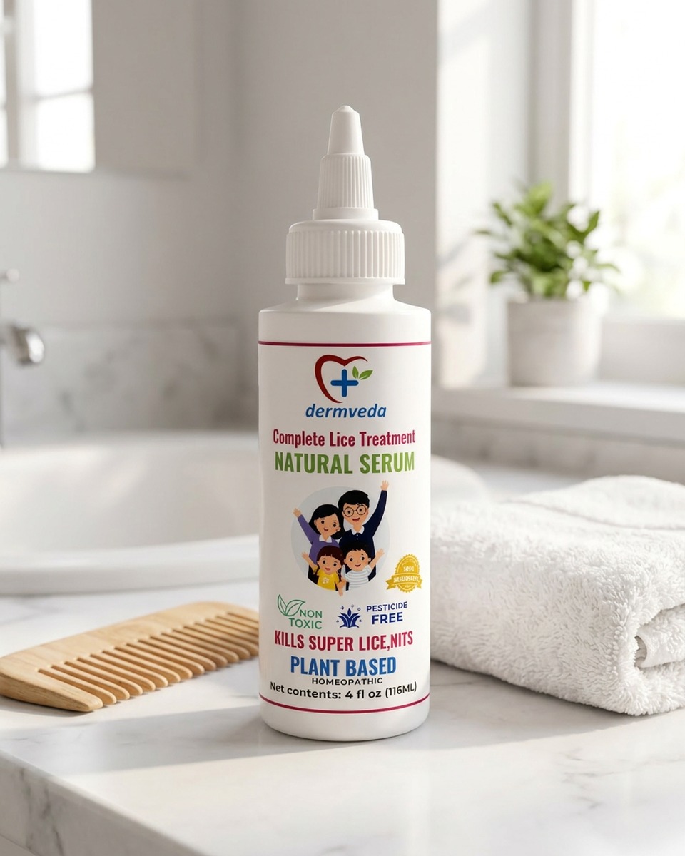 Dermveda Lice Serum on a clean bathroom counter with wooden comb and towel
