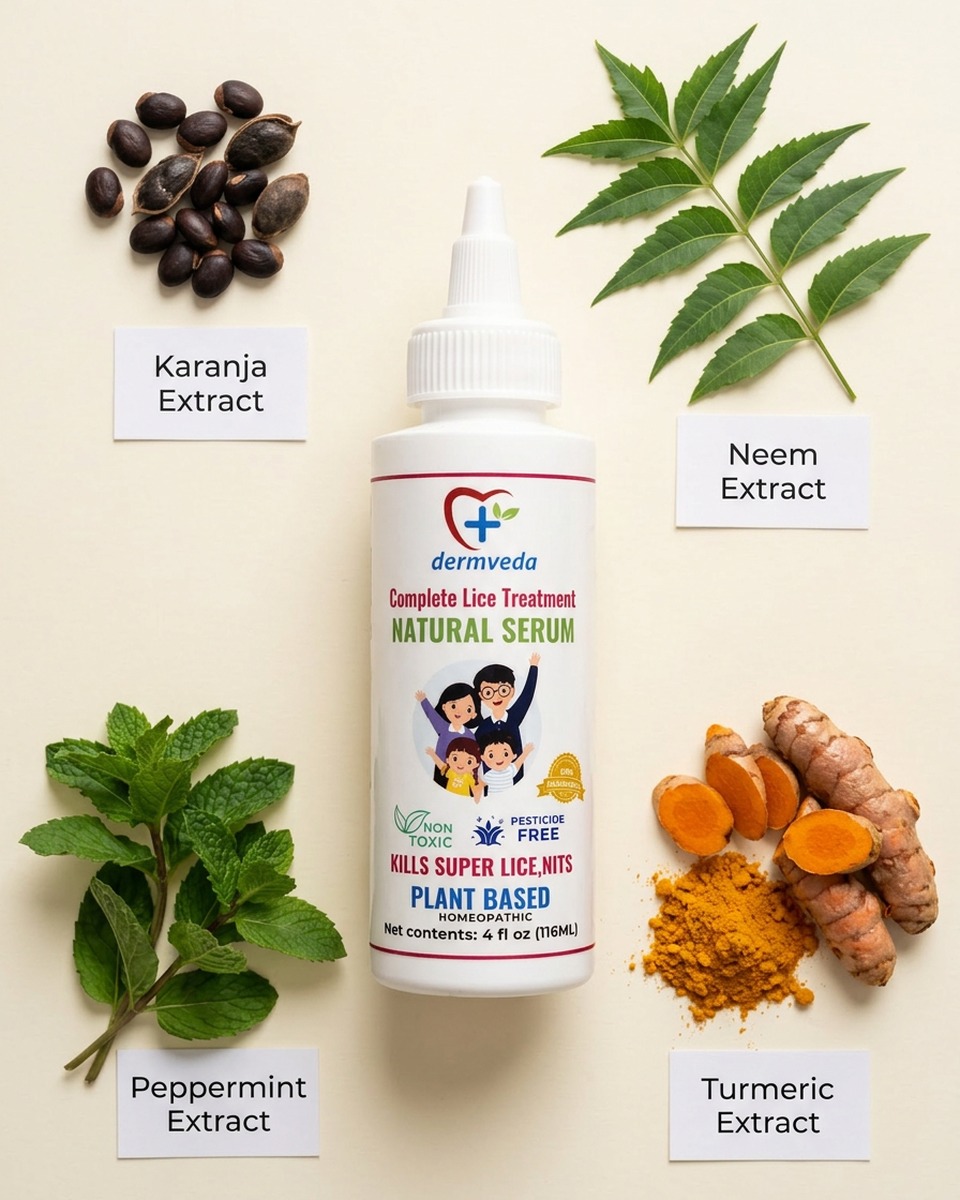 Karanja, neem, peppermint and turmeric — botanical ingredients in Dermveda lice serum