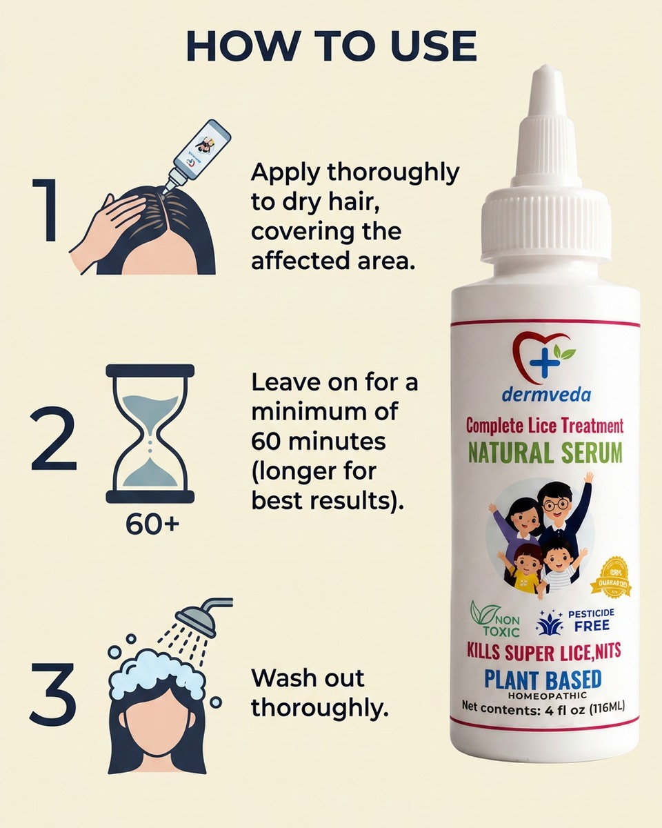 How to use Dermveda lice serum — apply to dry hair, leave on 60 minutes, wash out