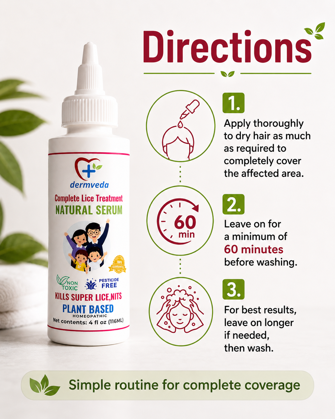 Directions — apply, wait 60 minutes, rinse for complete coverage