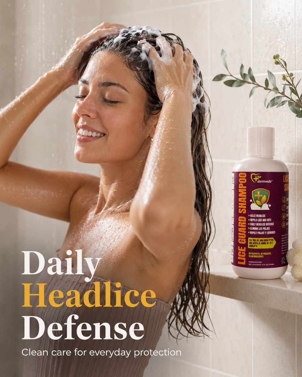 Woman washing her hair in the shower with Lice Guard Shampoo — daily headlice defense