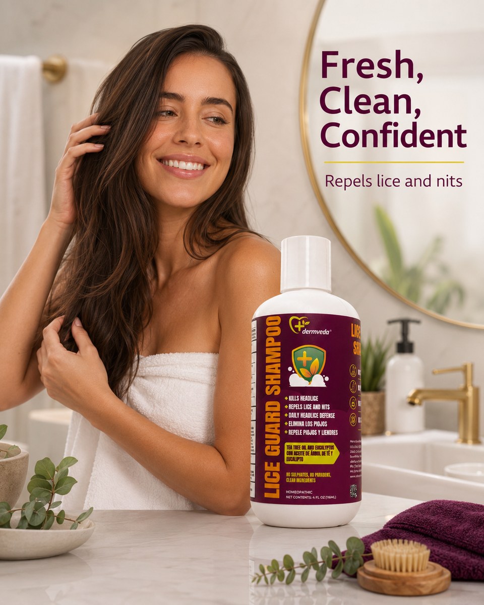 Fresh, clean, confident — repels lice and nits with Dermveda Lice Guard Shampoo