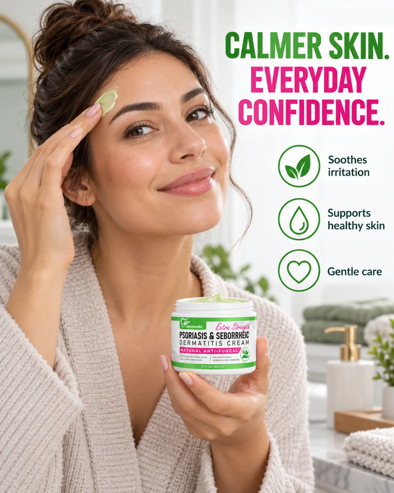 Woman applying psoriasis cream to her hairline — calmer skin, everyday confidence