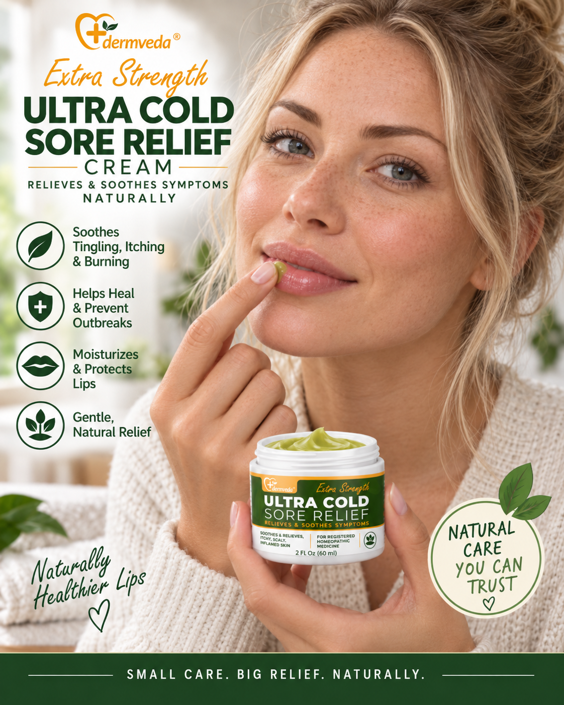 Woman applying Ultra Cold Sore Relief cream to her lip