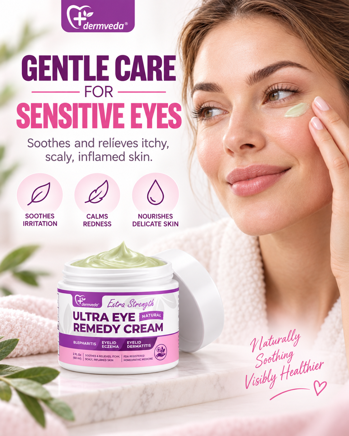 Woman applying Dermveda Ultra Eye Remedy Cream for sensitive eyelid care