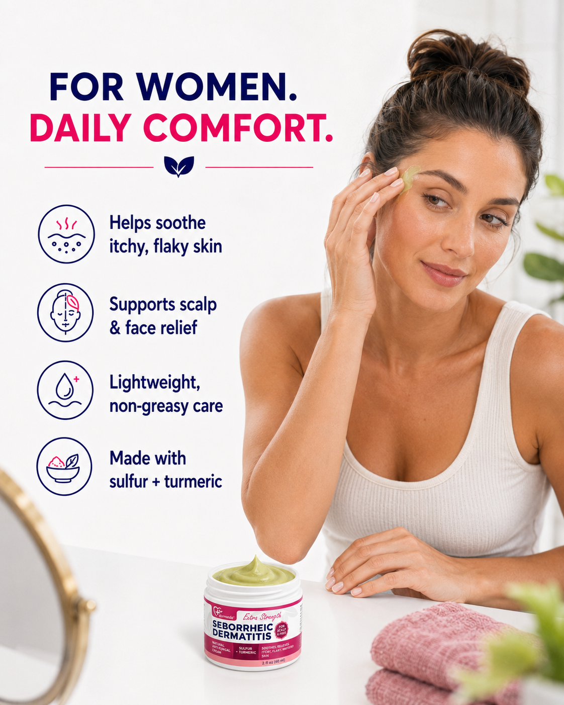 Woman applying Dermveda Seborrheic Dermatitis Cream for daily scalp and face comfort