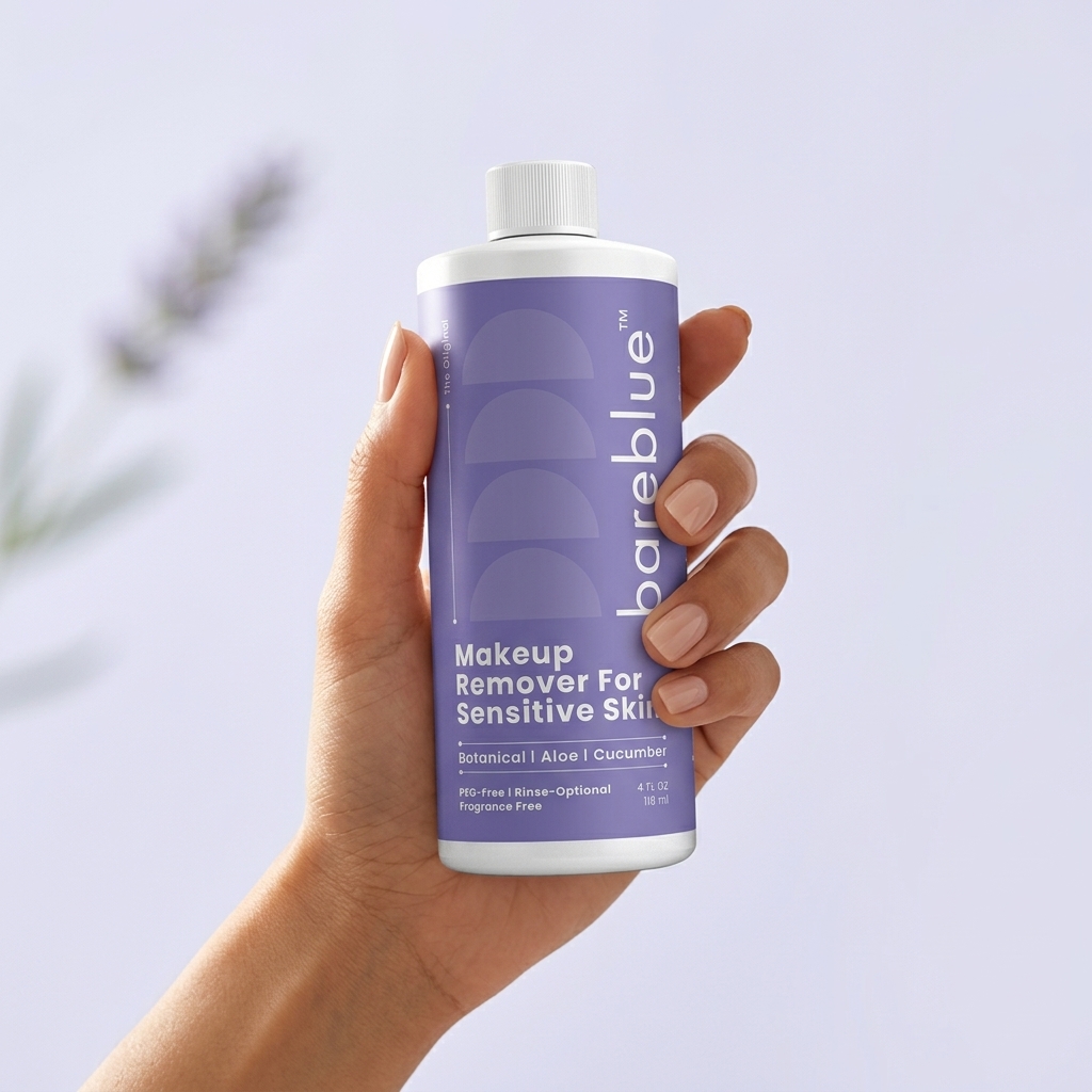 Hand holding Bareblue makeup remover for sensitive skin bottle