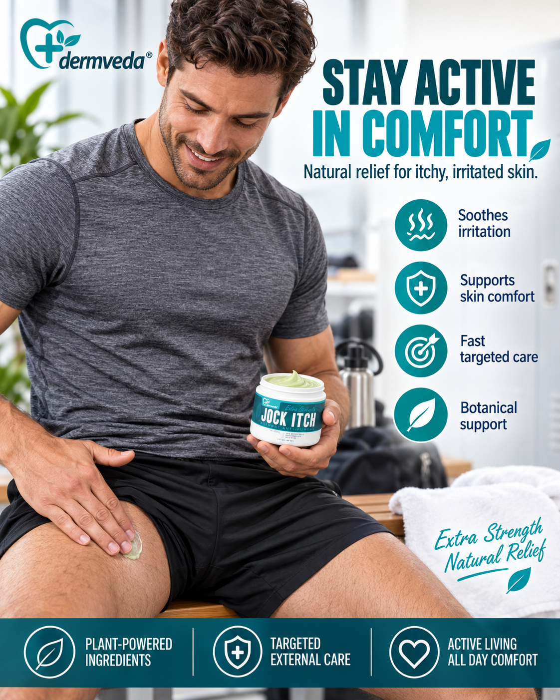 Stay active in comfort — man applying Dermveda Jock Itch Cream in a locker room