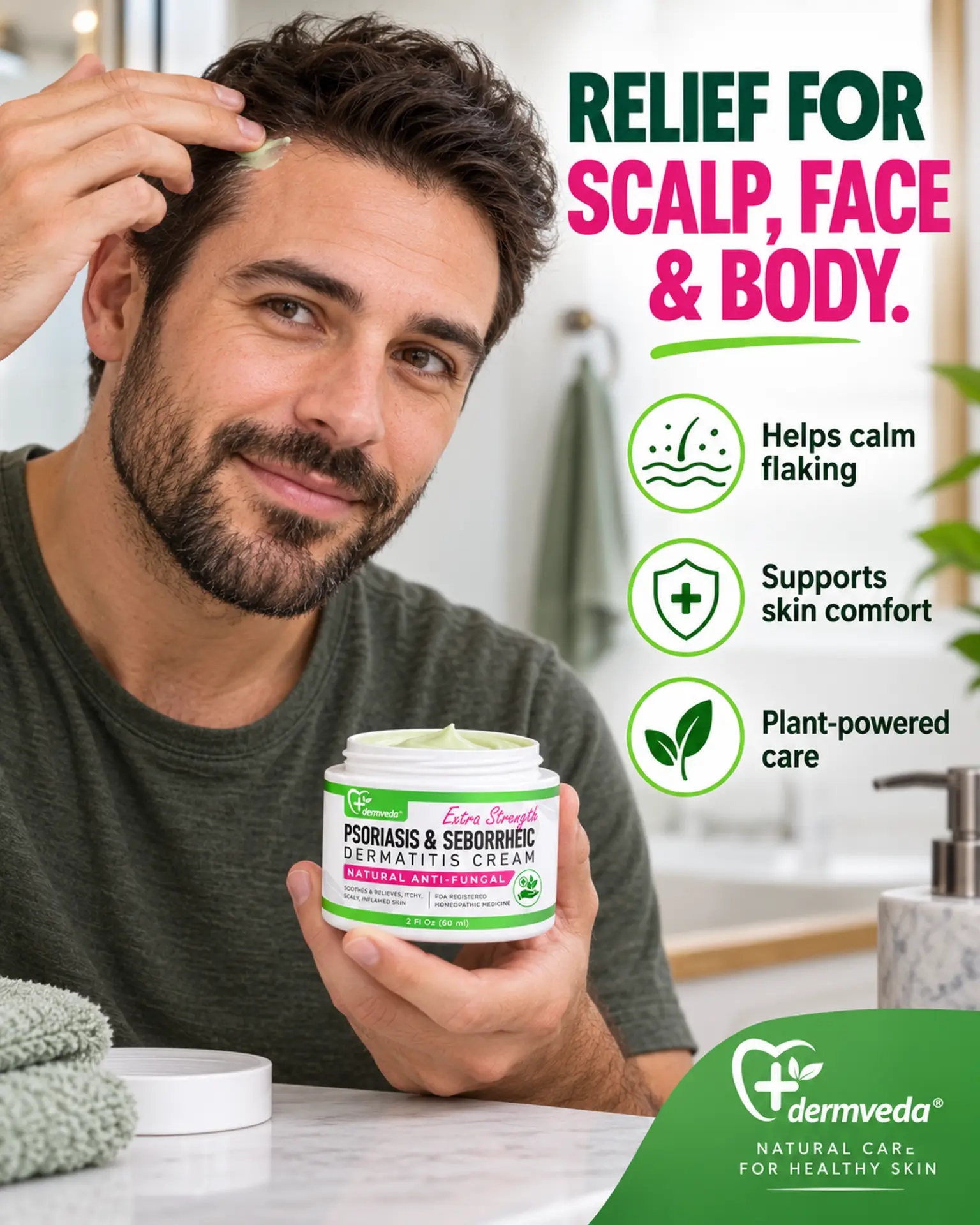 Man applying psoriasis cream to his scalp — relief for scalp, face and body