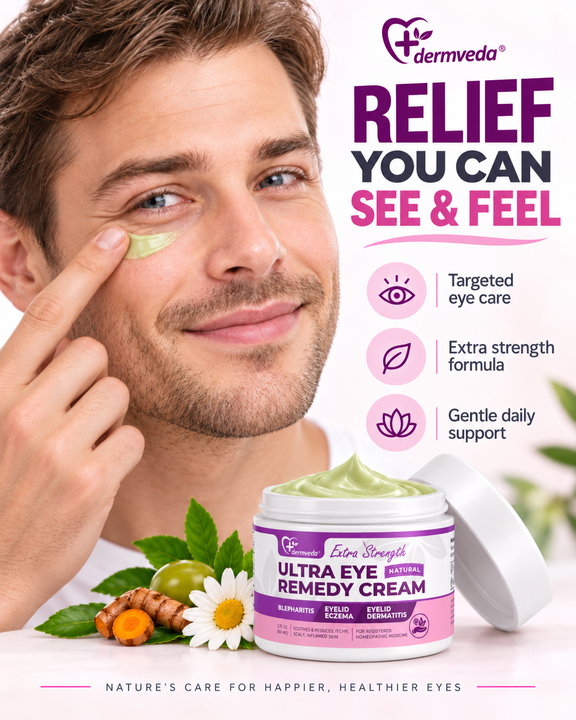 Man applying Dermveda Ultra Eye Remedy Cream for targeted daily eye care