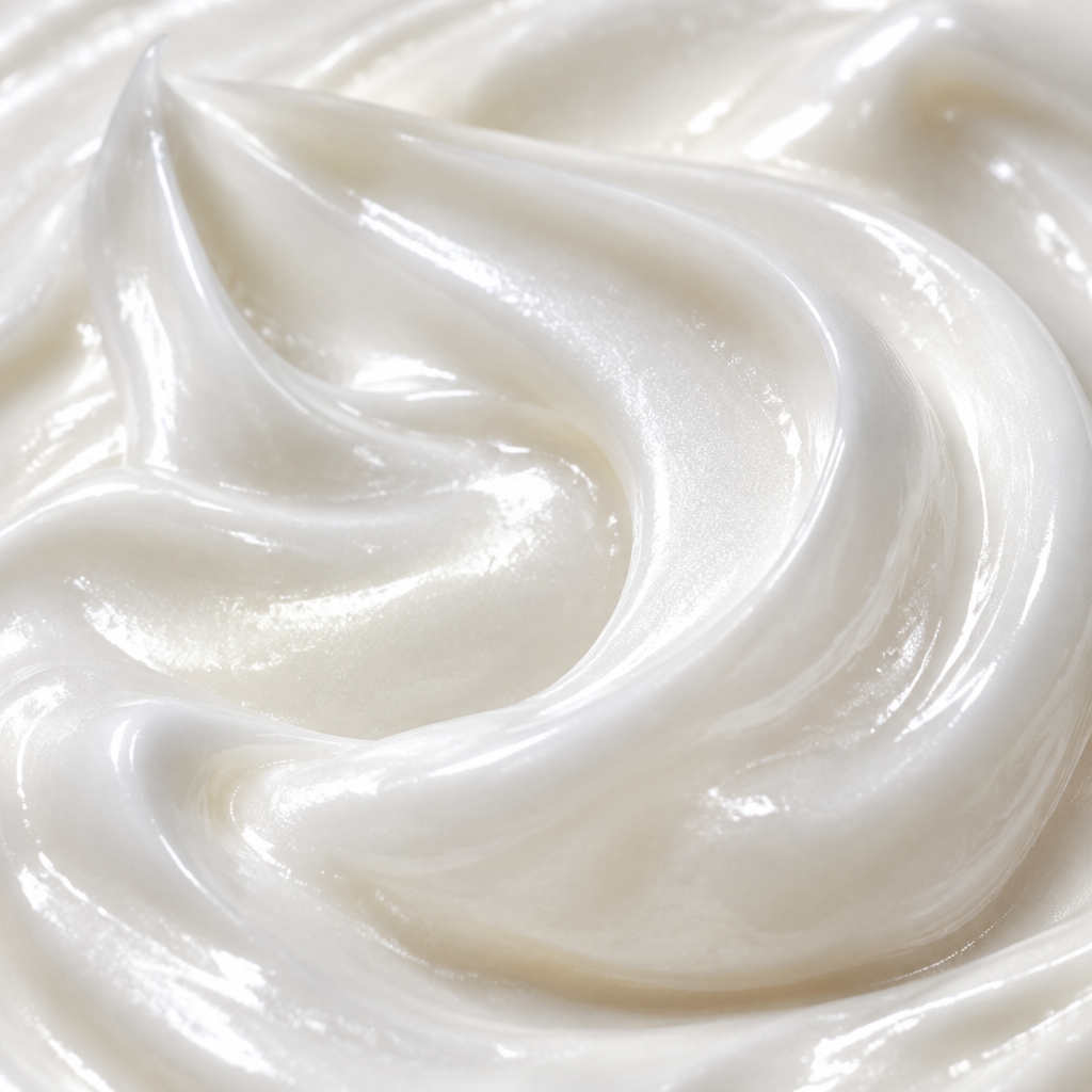 Glossy pearl-white nourishing cream texture with a sculpted fold
