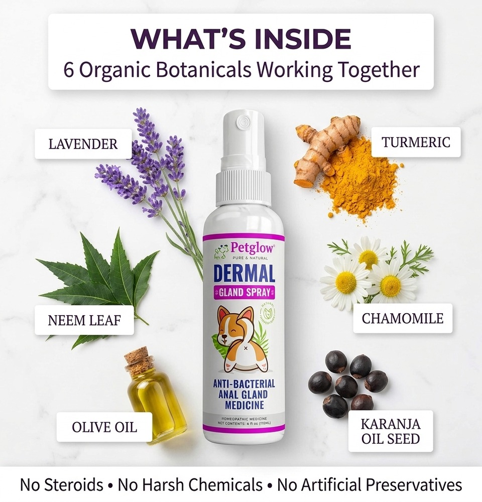 Natural anal gland spray ingredients — lavender, turmeric, neem leaf, chamomile, olive oil and karanja oil seed