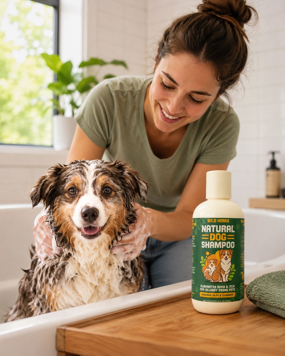 Mom bathing dog with Petglow natural dog shampoo — gentle sulfate-free lather for itchy allergy-prone coats