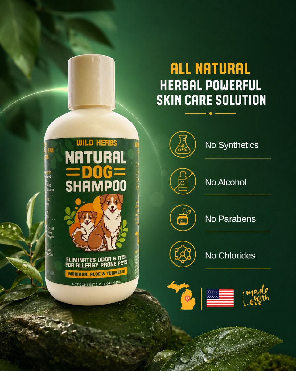 All natural herbal skin care solution for dogs — no synthetics, no alcohol, no parabens, no chlorides