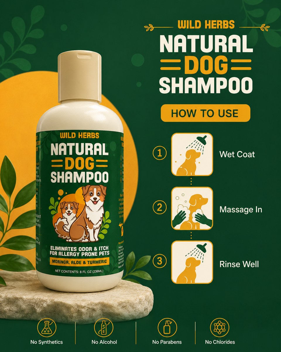 How to use natural dog shampoo — wet coat, massage in, rinse well