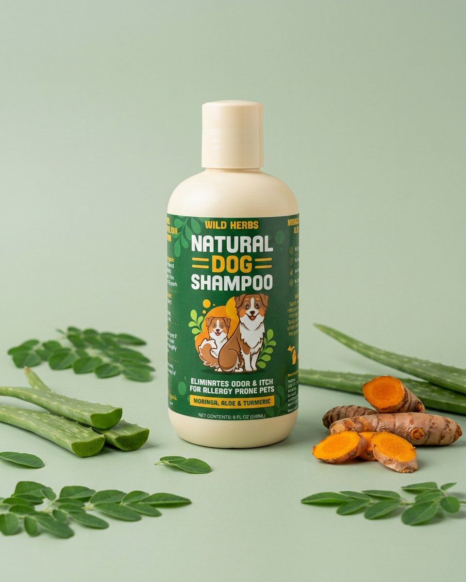 Natural dog shampoo bottle with fresh moringa leaves, aloe vera and turmeric root ingredients