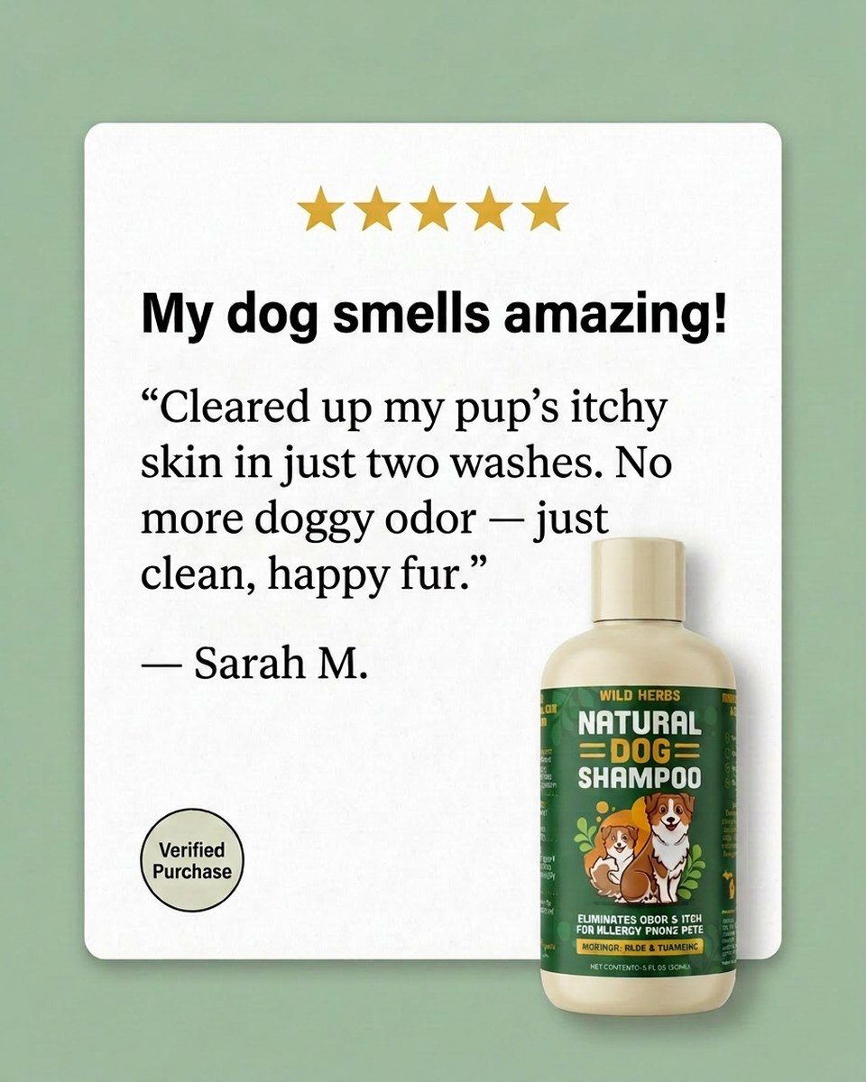 Five-star verified review — cleared itchy skin in two washes, no more doggy odor