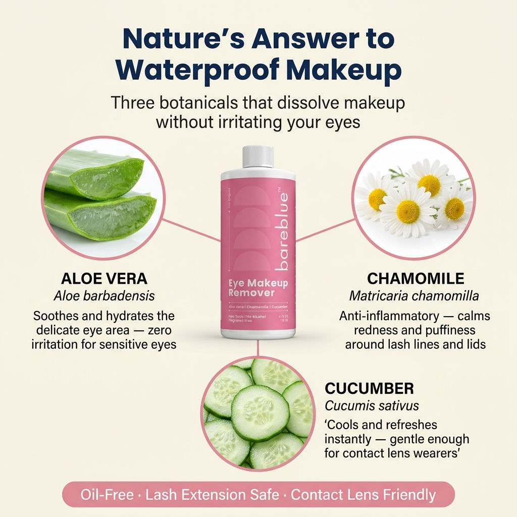Natural eye makeup remover ingredients including aloe vera, chamomile and cucumber