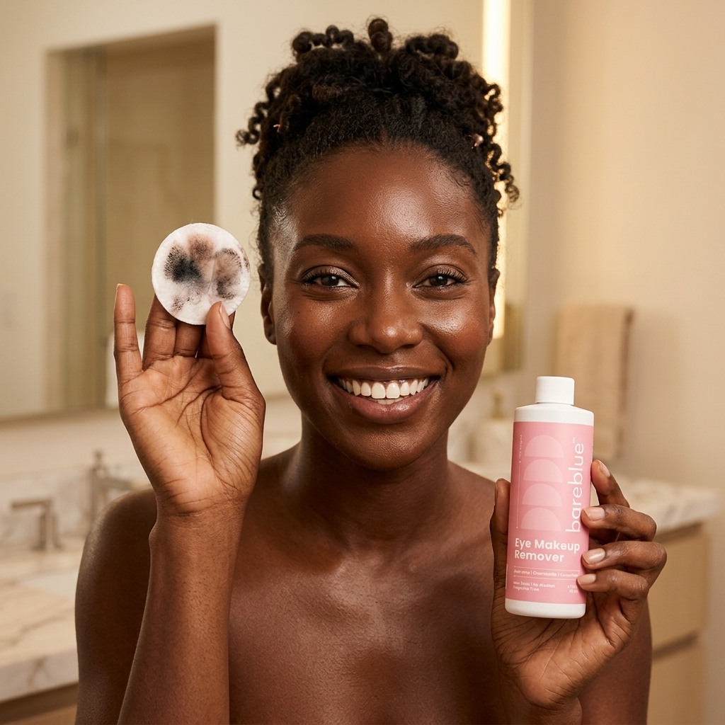 Customer holding Bareblue natural eye makeup remover and a cotton pad after removing full eye makeup