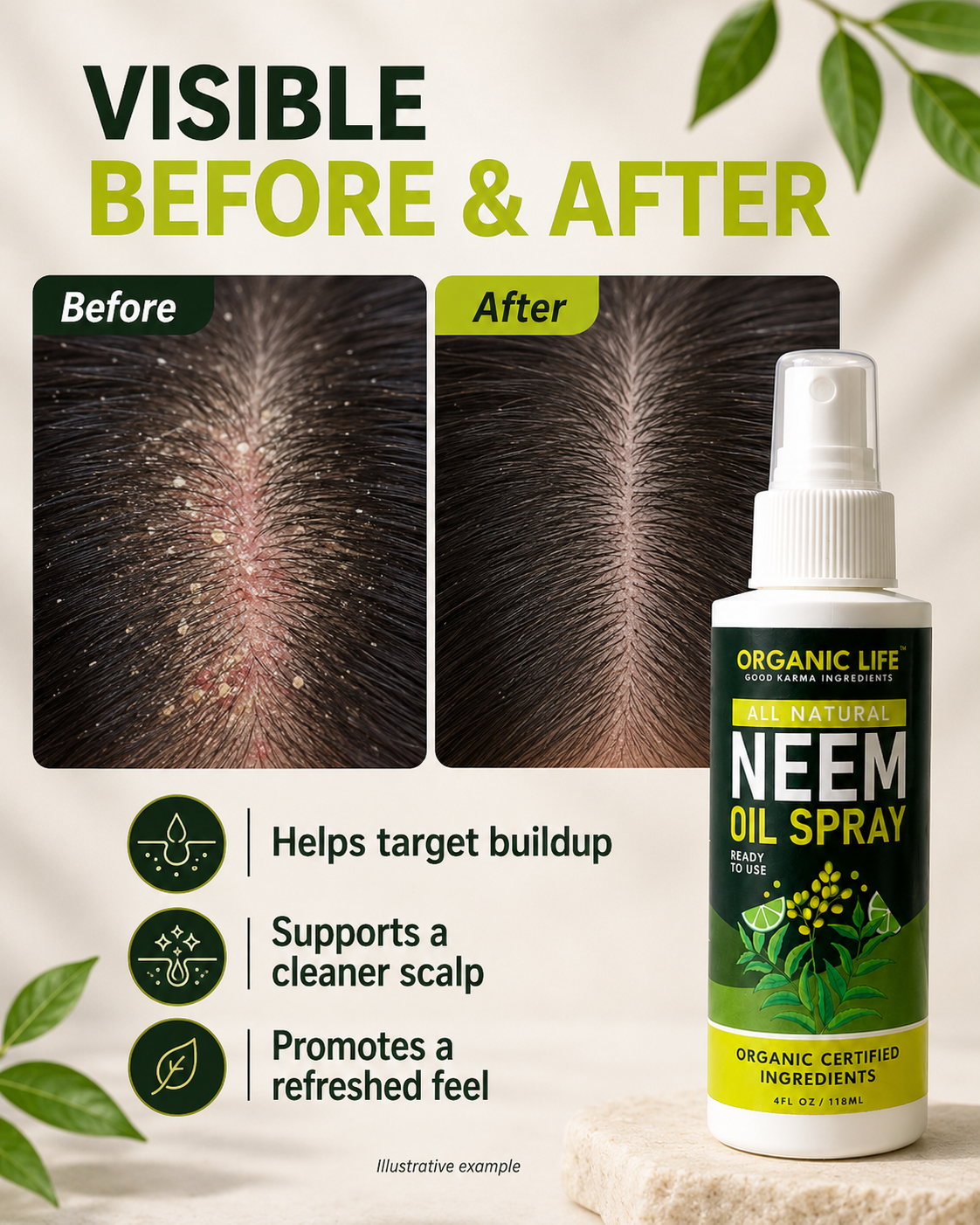 Visible before and after — Neem Oil Spray helps target buildup and supports a cleaner, refreshed scalp