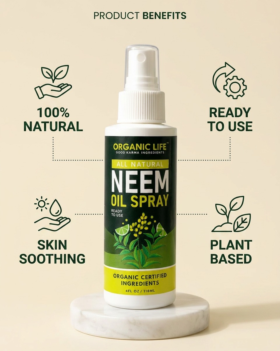 100% natural, ready to use, plant-based and skin-soothing Neem Oil Spray for hair and scalp benefits