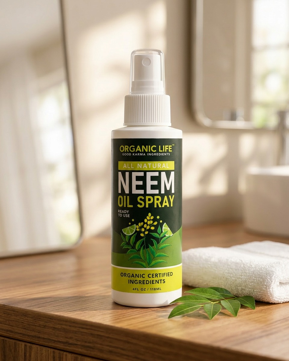 Organic Life Neem Oil Spray styled on a modern bathroom vanity — daily hair and scalp routine