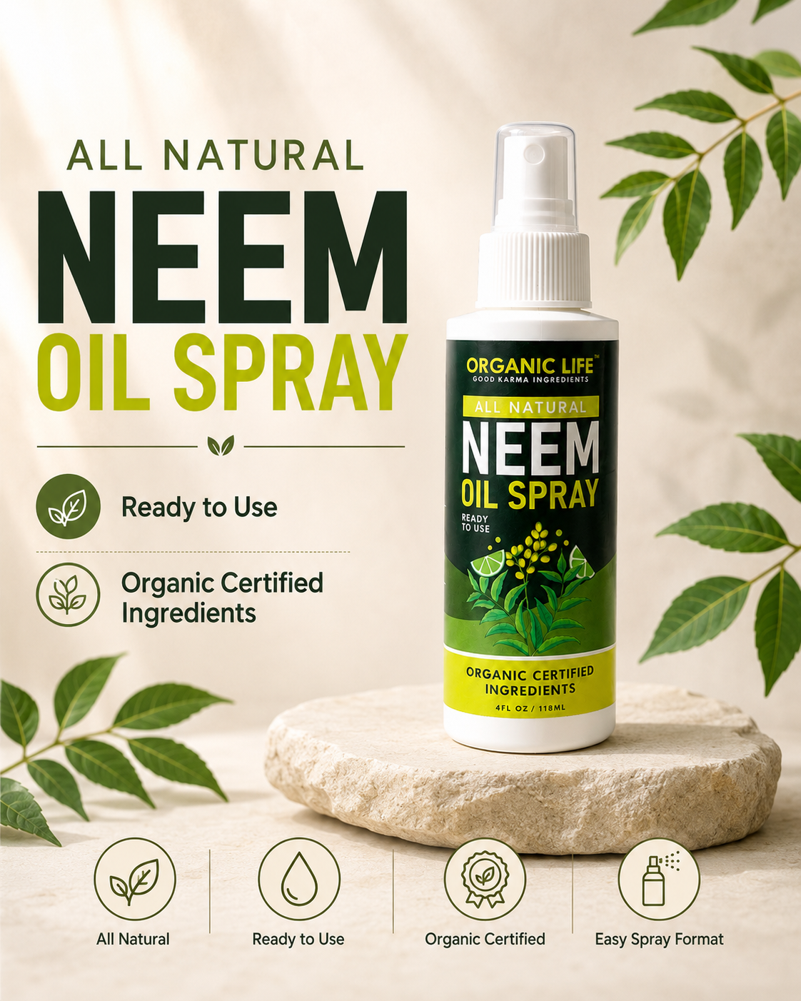 All-natural Neem oil spray — ready to use, organic certified ingredients, plant-based scalp care