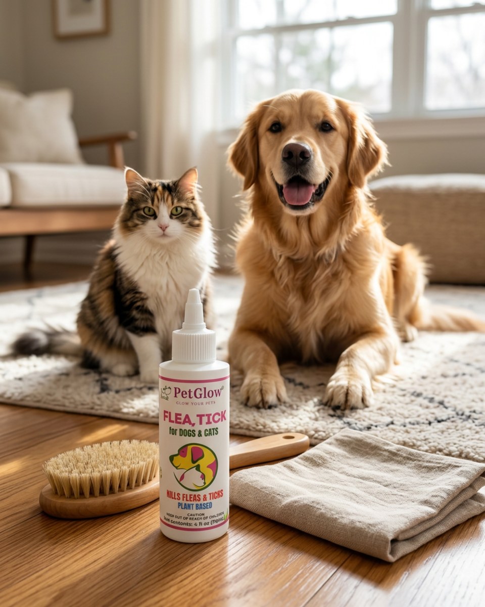 Clean grooming essentials — gentle plant-based flea and tick topical bottle with towel and brush